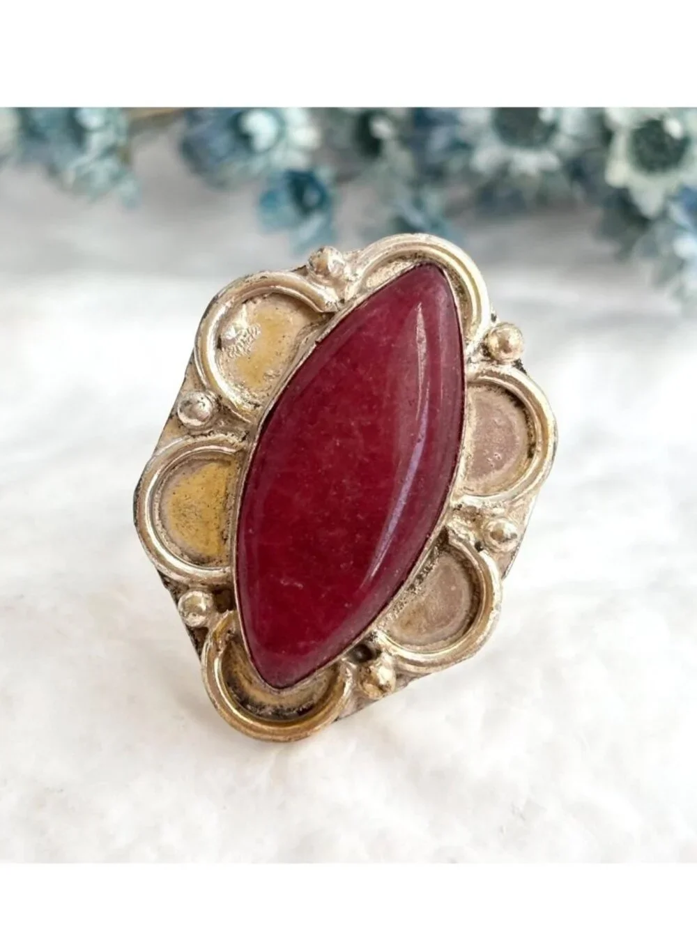 Red Adventurine Marquise Scalloped Sterling Silver 925 Vintage Ring - sz 10.5